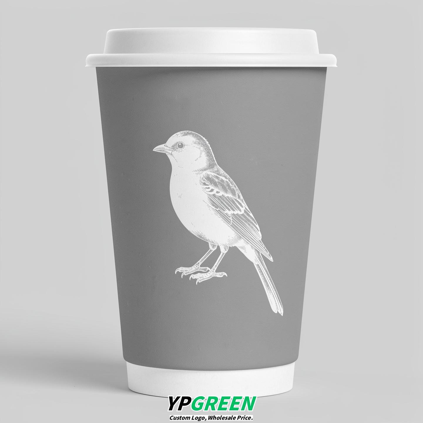 Light Slate Gray Paper Cups with Bird Logo & Lids 8-24oz