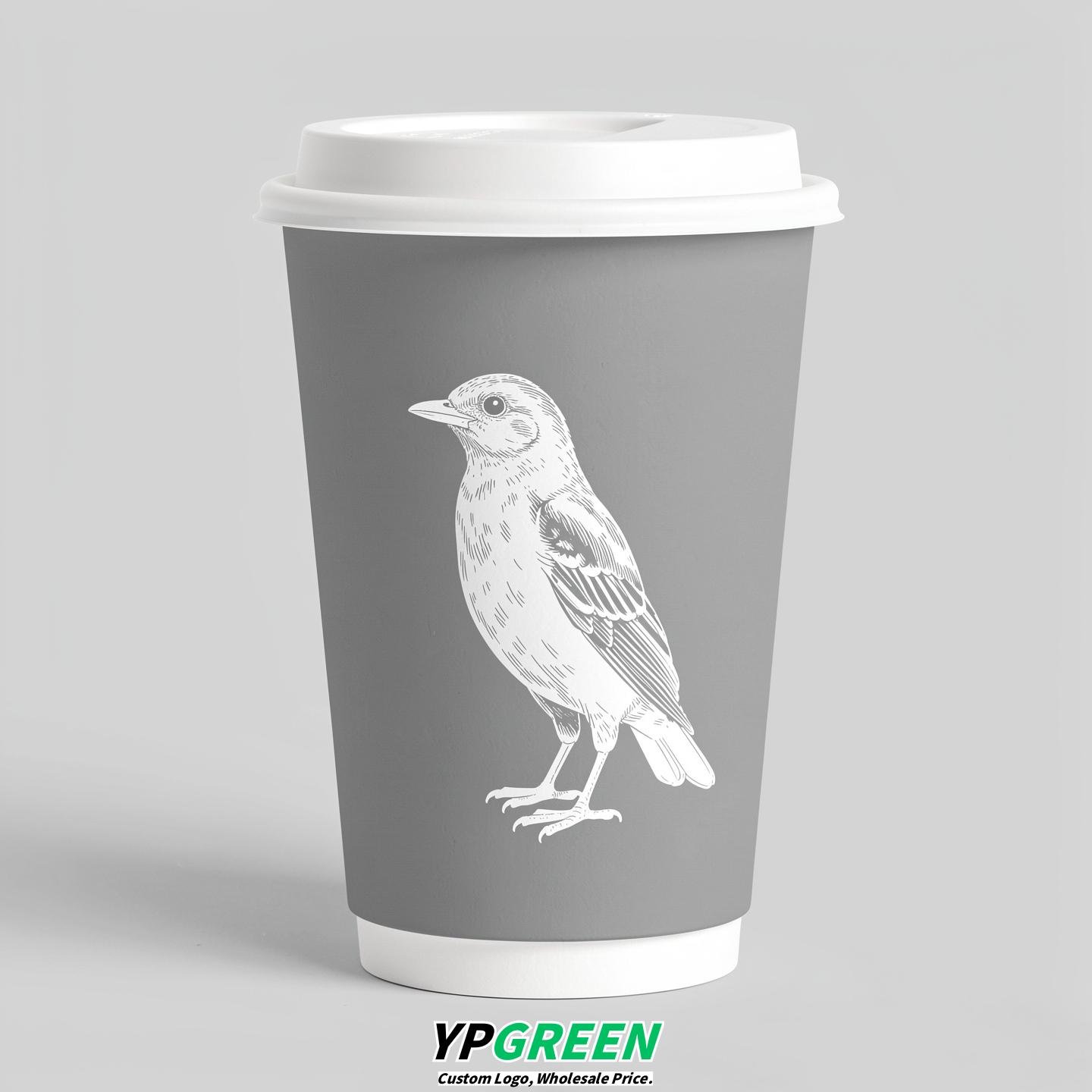Light Slate Gray Paper Cups with Bird Logo & Lids 8-24oz