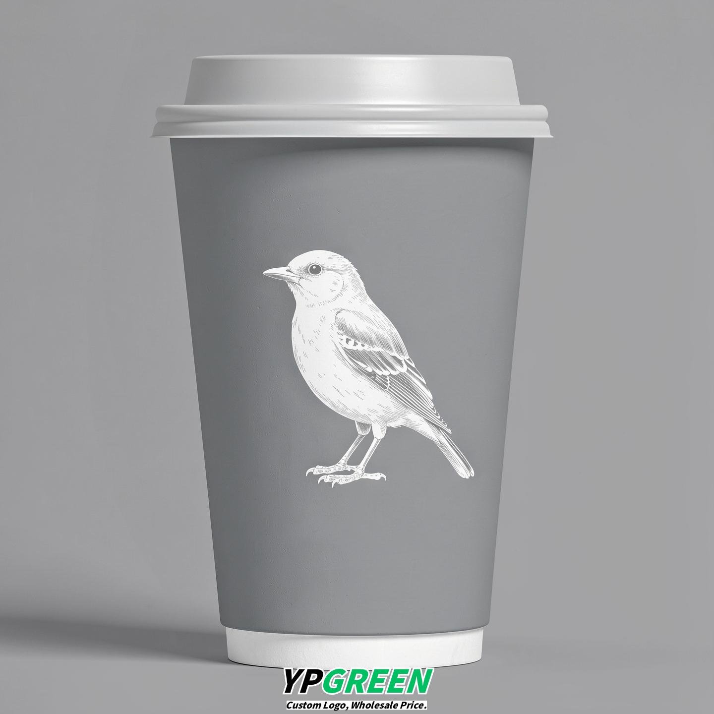 Light Slate Gray Paper Cups with Bird Logo & Lids 8-24oz