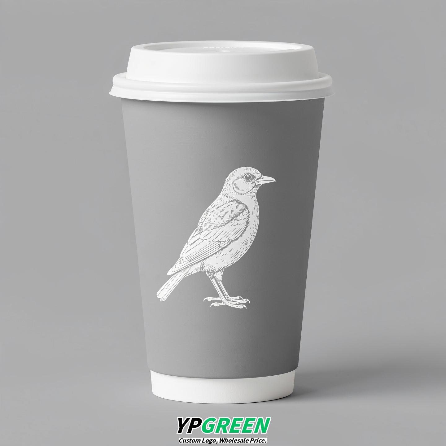Light Slate Gray Paper Cups with Bird Logo & Lids 8-24oz