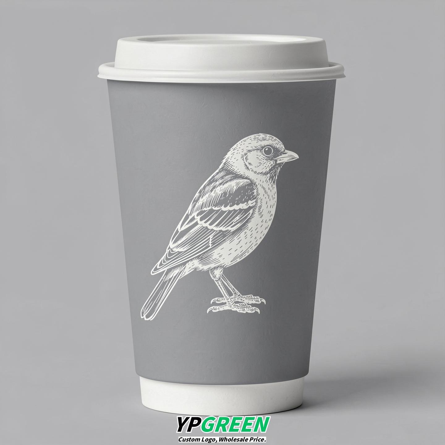 Light Slate Gray Paper Cups with Bird Logo & Lids 8-24oz
