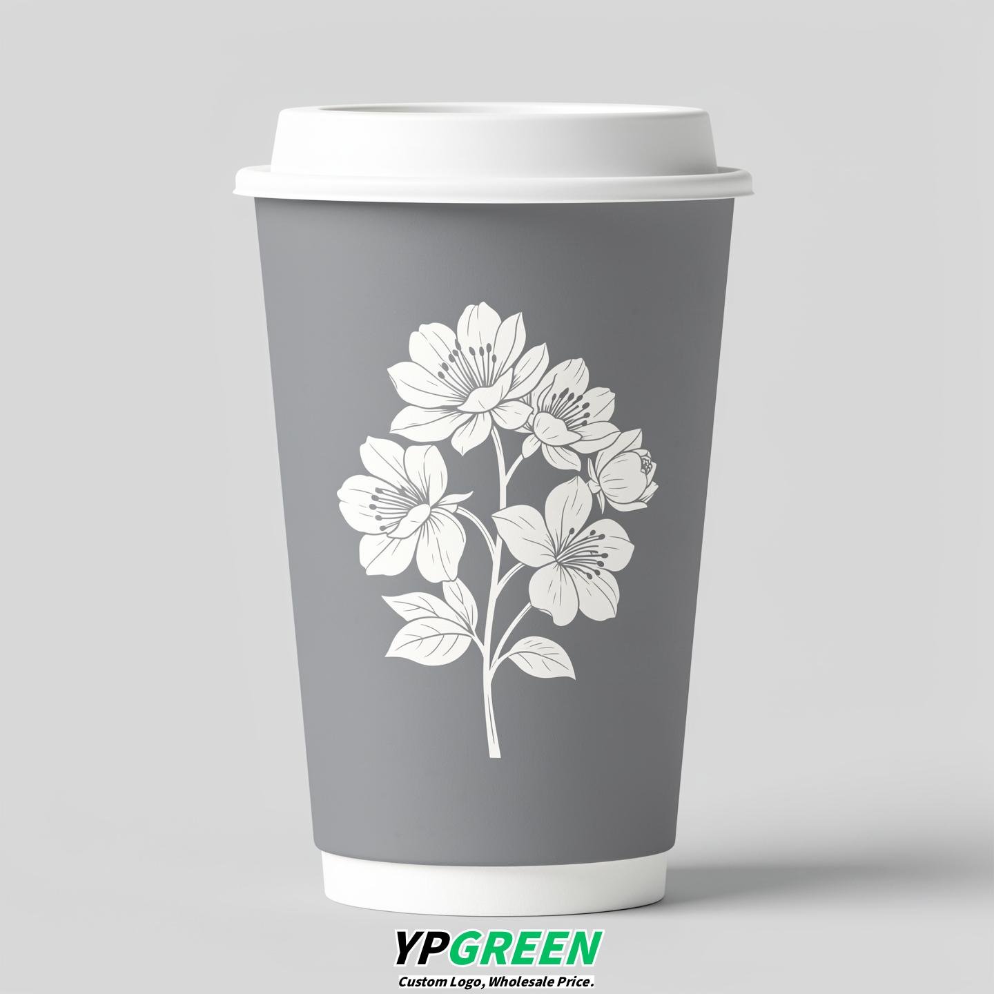 Light Slate Gray Floral Paper Cups with Lids 8-24oz