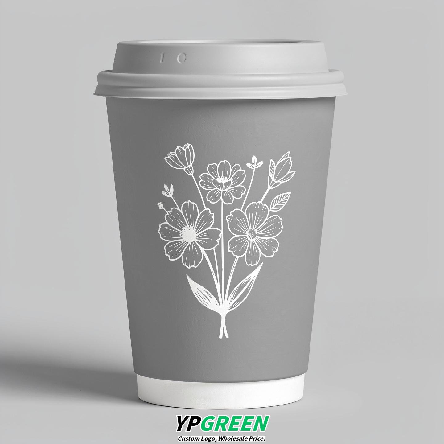 Light Slate Gray Floral Paper Cups with Lids 8-24oz