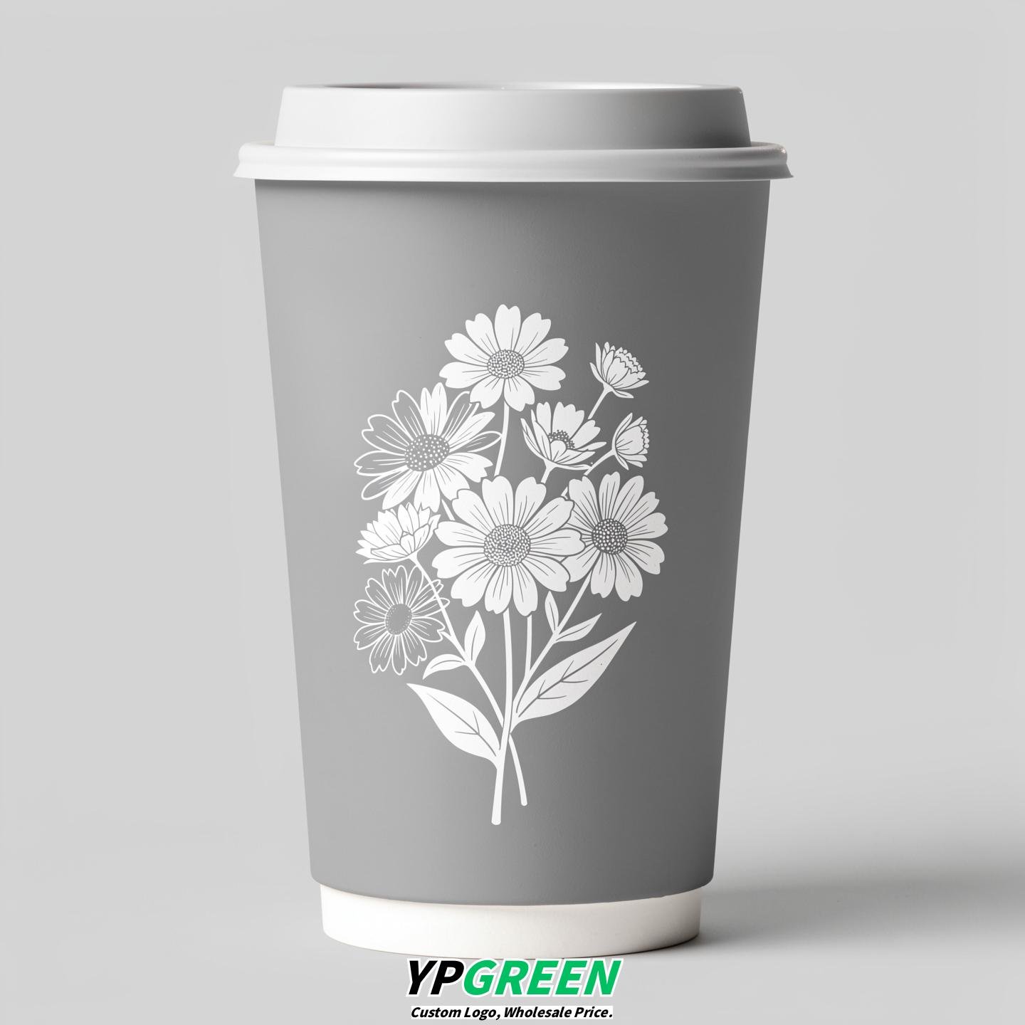 Light Slate Gray Floral Paper Cups with Lids 8-24oz