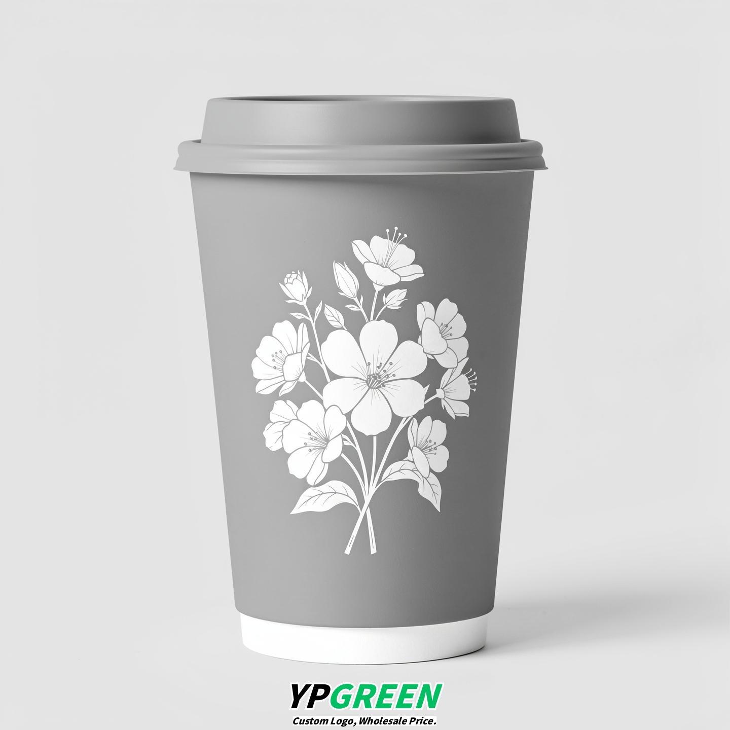 Light Slate Gray Floral Paper Cups with Lids 8-24oz