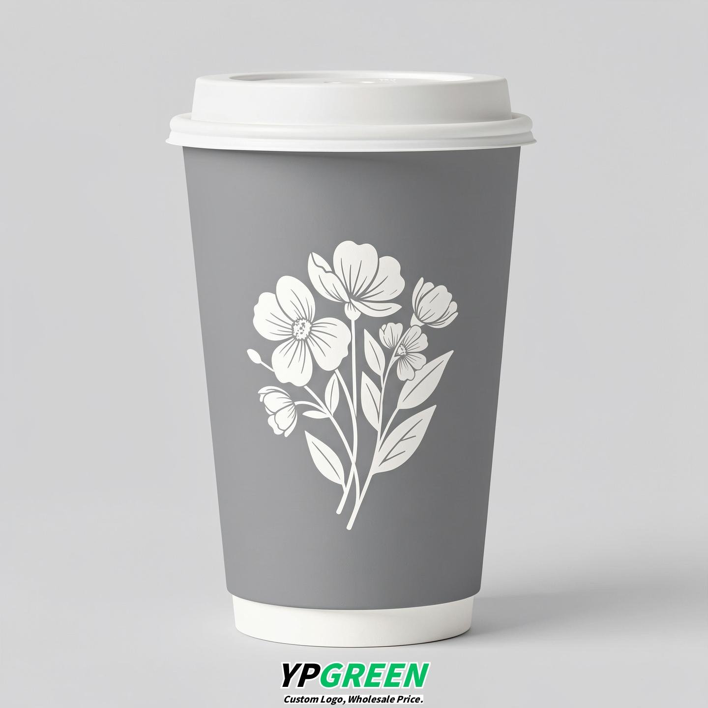 Light Slate Gray Floral Paper Cups with Lids 8-24oz
