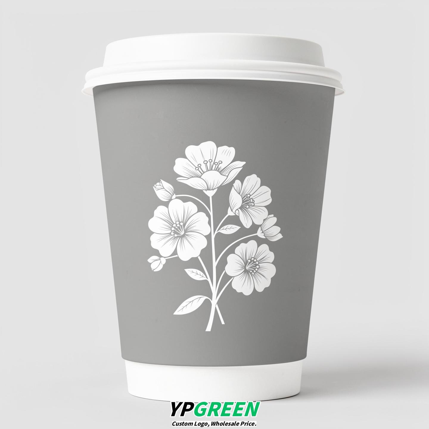 Light Slate Gray Floral Paper Cups with Lids 8-24oz