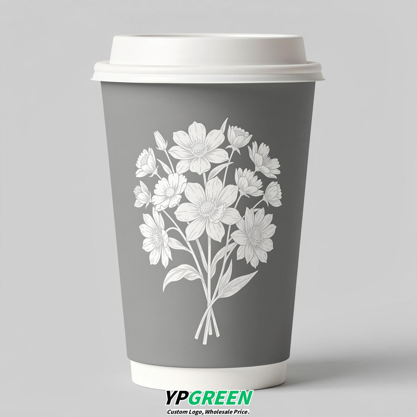 Light Slate Gray Floral Paper Cups with Lids 8-24oz
