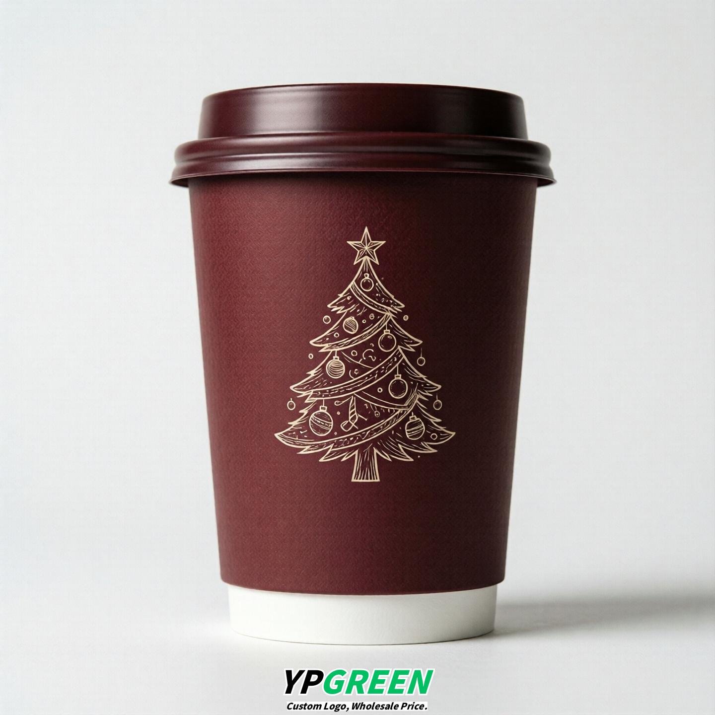 Maroon Paper Cups with Christmas Design 8-24oz