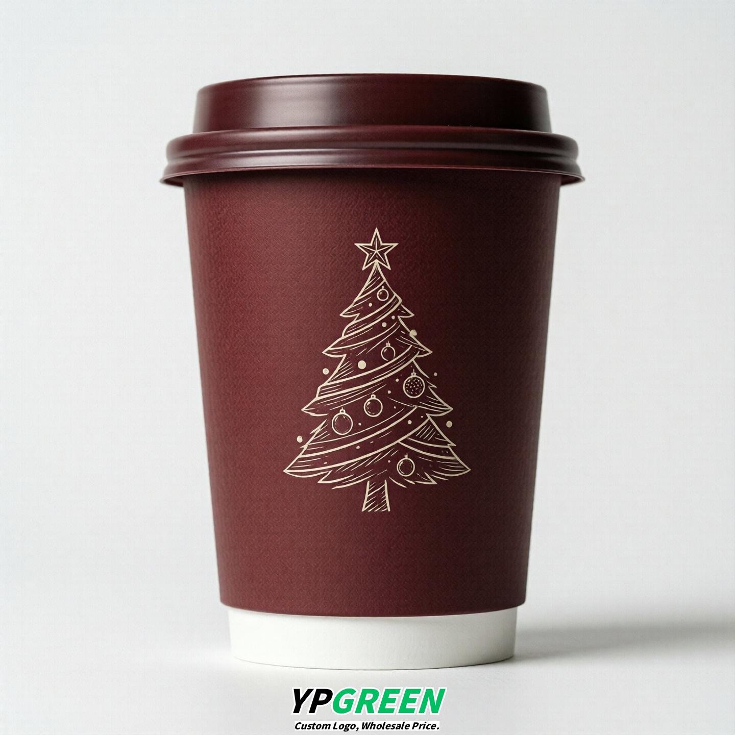 Maroon Paper Cups with Christmas Design 8-24oz
