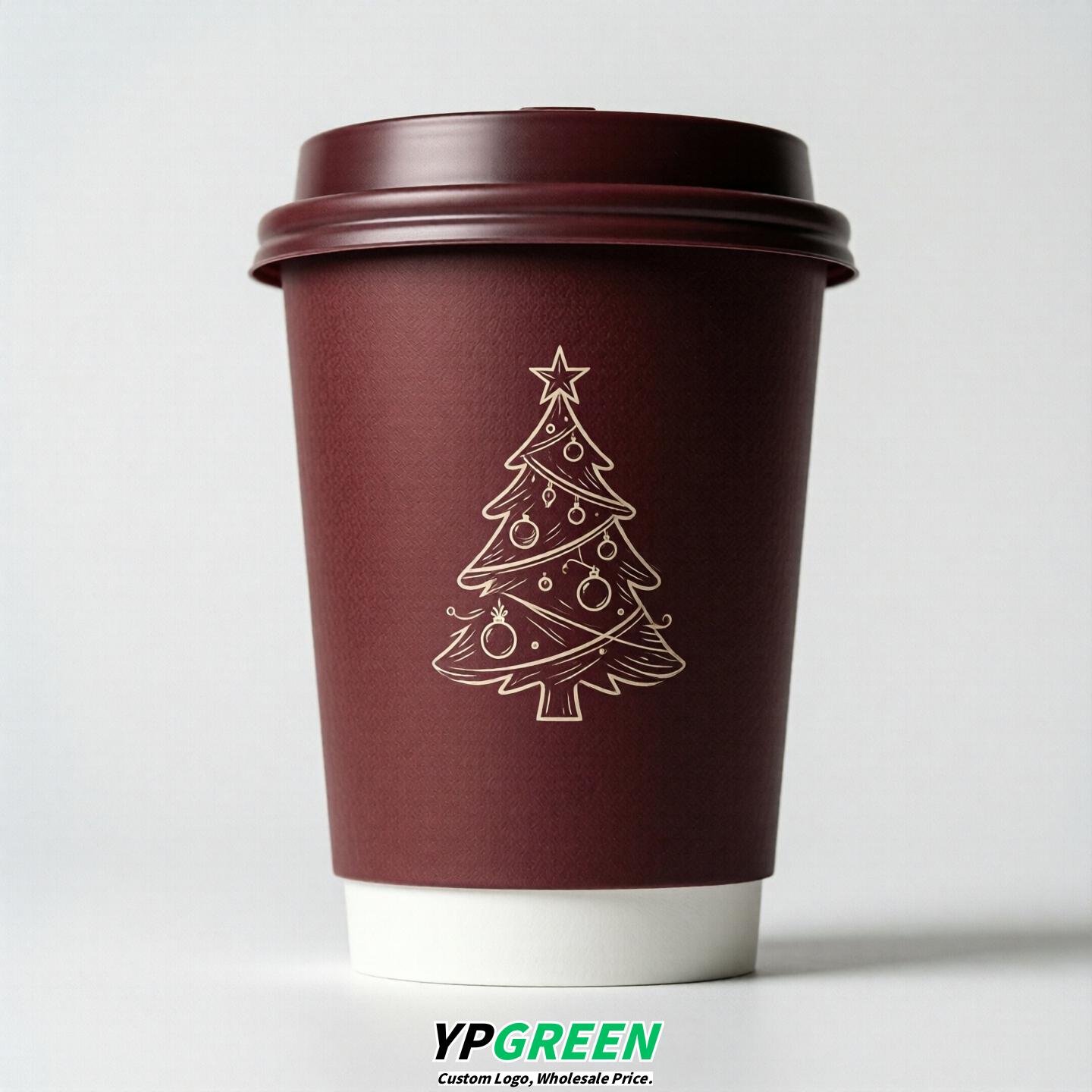 Maroon Paper Cups with Christmas Design 8-24oz