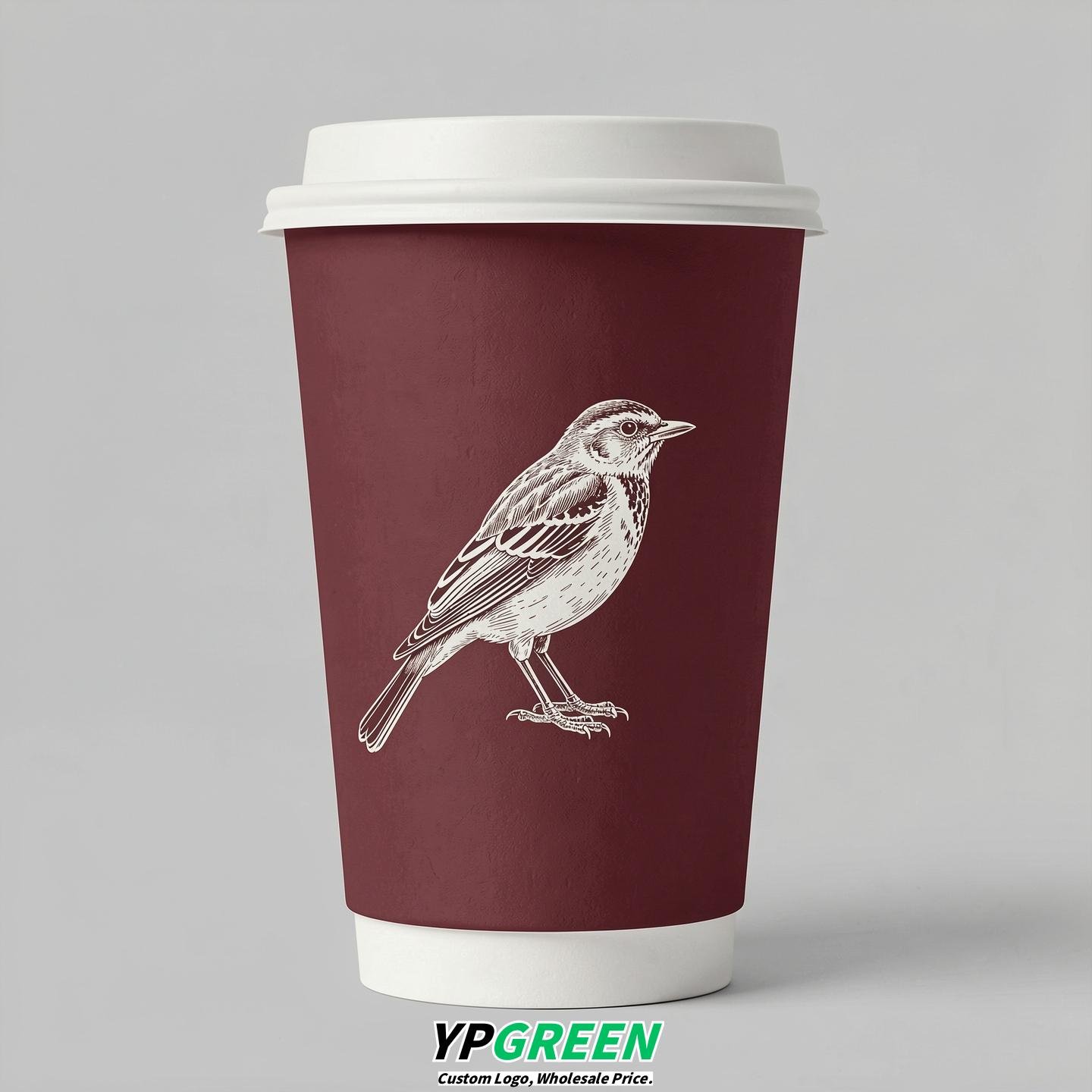 Maroon Paper Cups with Bird Logo & Lids 8-24oz