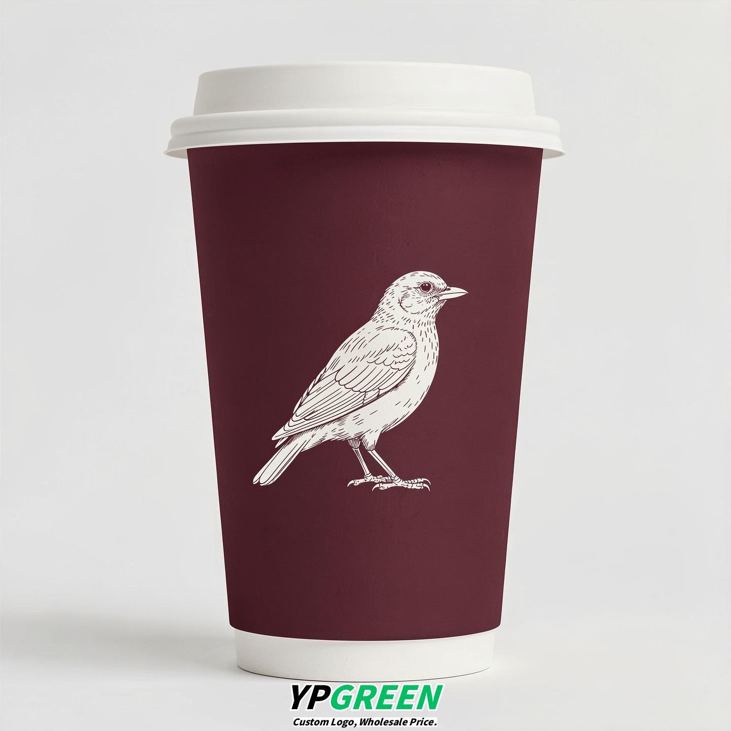 Maroon Paper Cups with Bird Logo & Lids 8-24oz