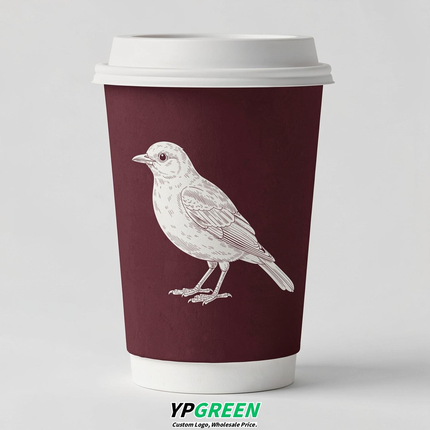 Maroon Paper Cups with Bird Logo & Lids 8-24oz