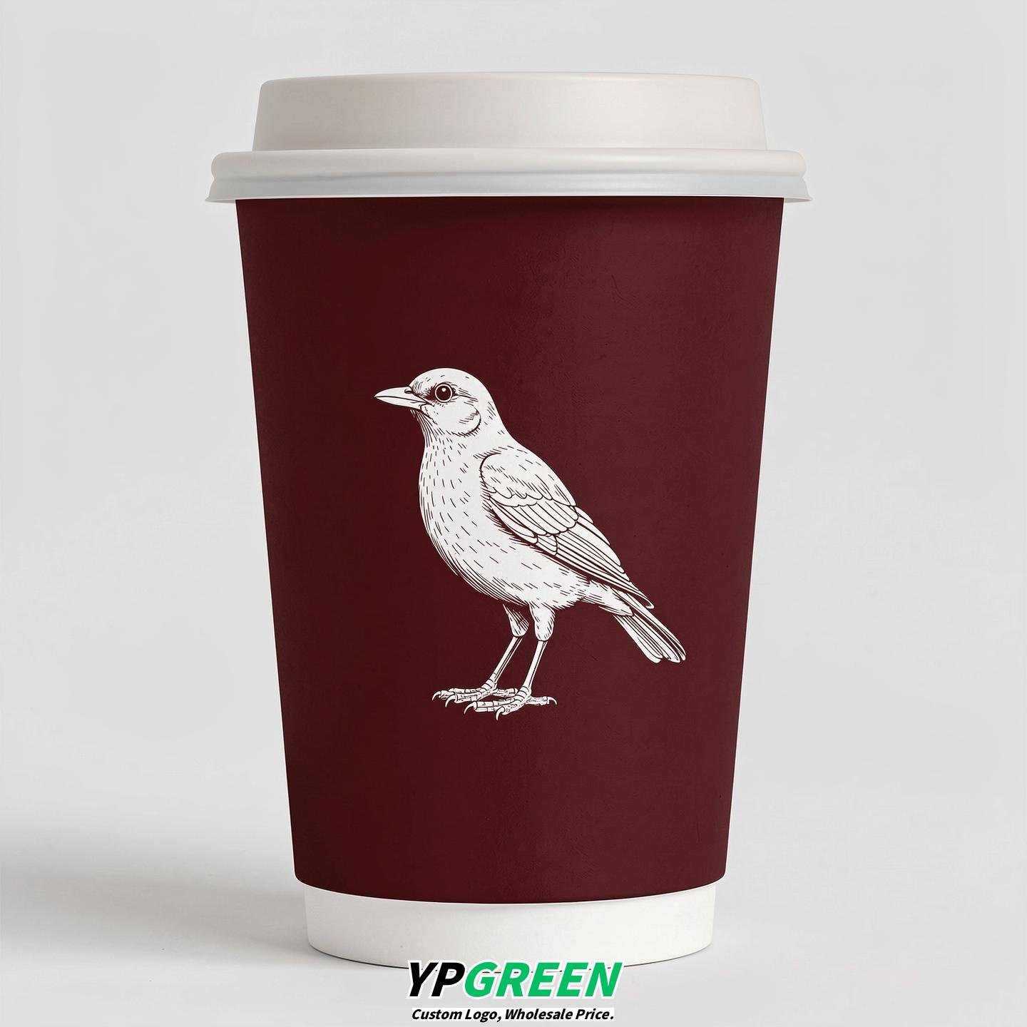 Maroon Paper Cups with Bird Logo & Lids 8-24oz