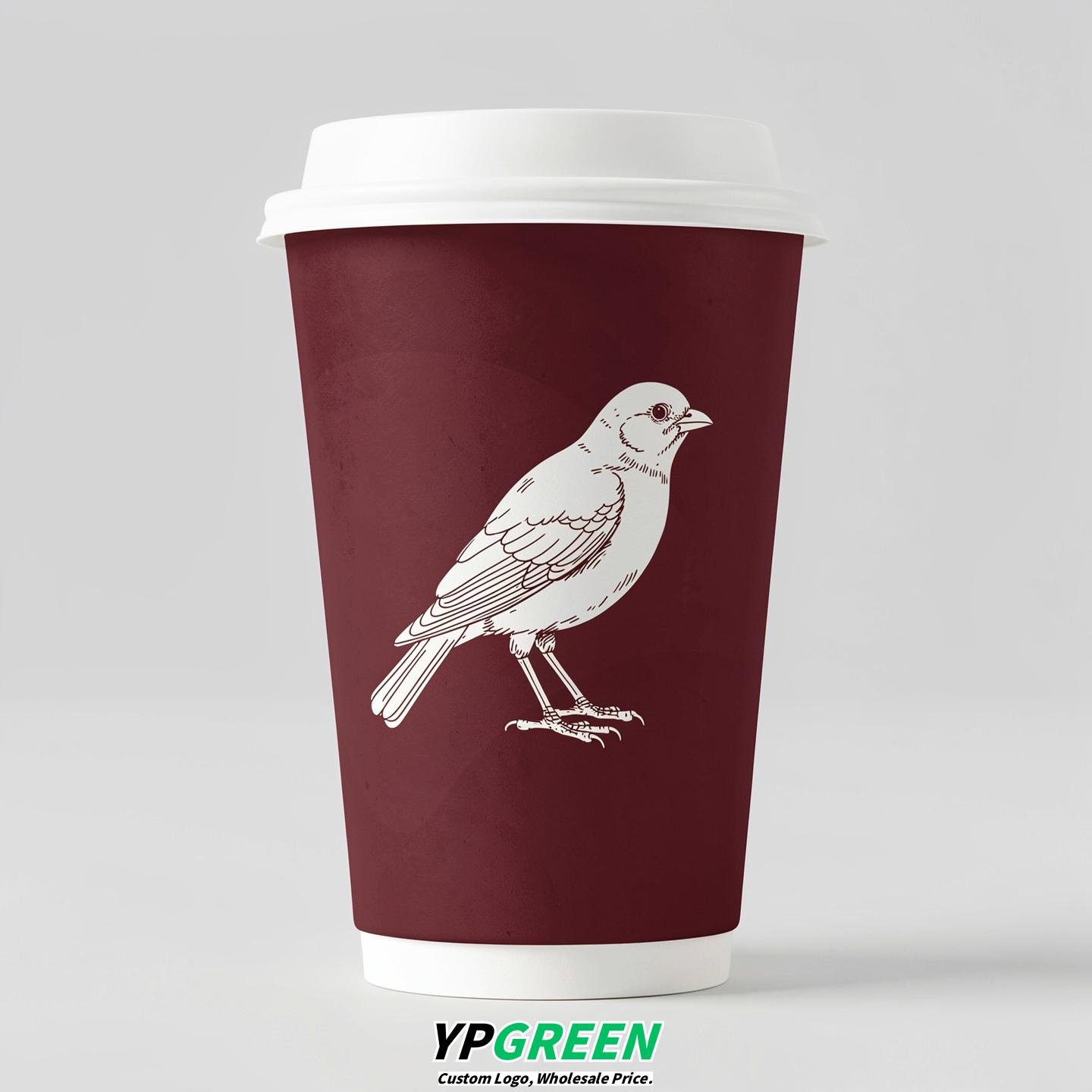 Maroon Paper Cups with Bird Logo & Lids 8-24oz
