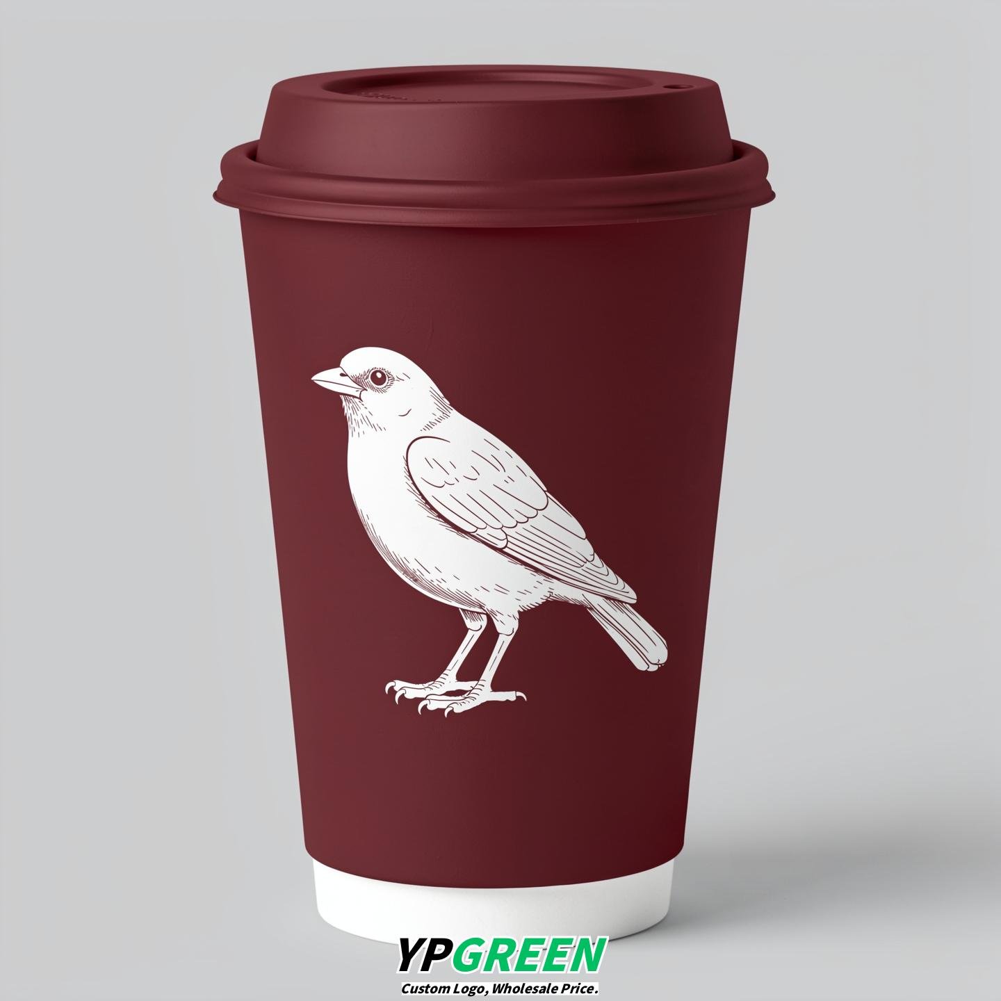 Maroon Paper Cups with Bird Logo & Lids 8-24oz