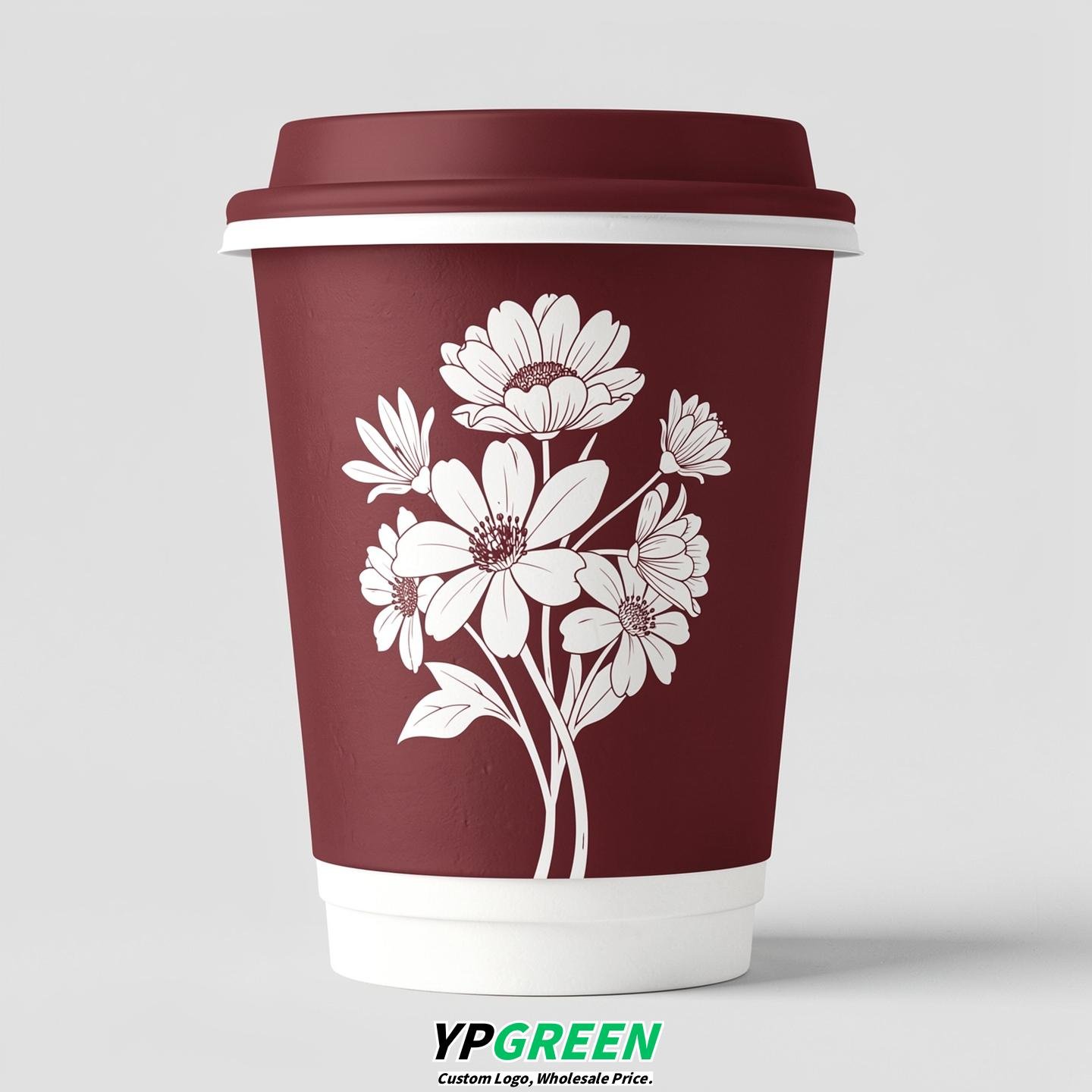 Maroon Floral Paper Cups with Lids 8-24oz Maroon Floral Paper Cups with Lids 8-24oz