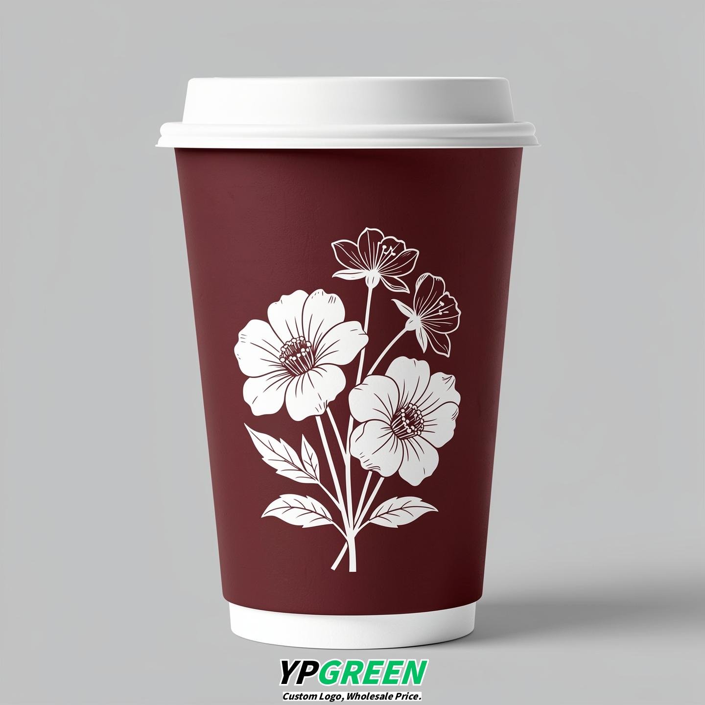 Maroon Floral Paper Cups with Lids 8-24oz