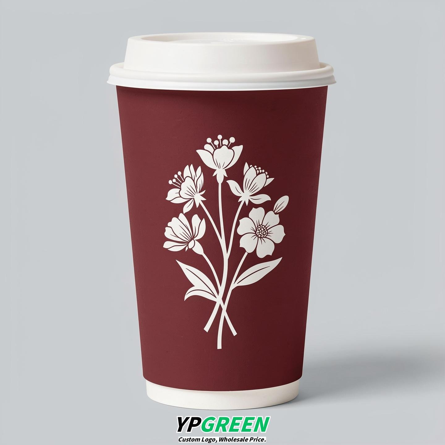 Maroon Floral Paper Cups with Lids 8-24oz