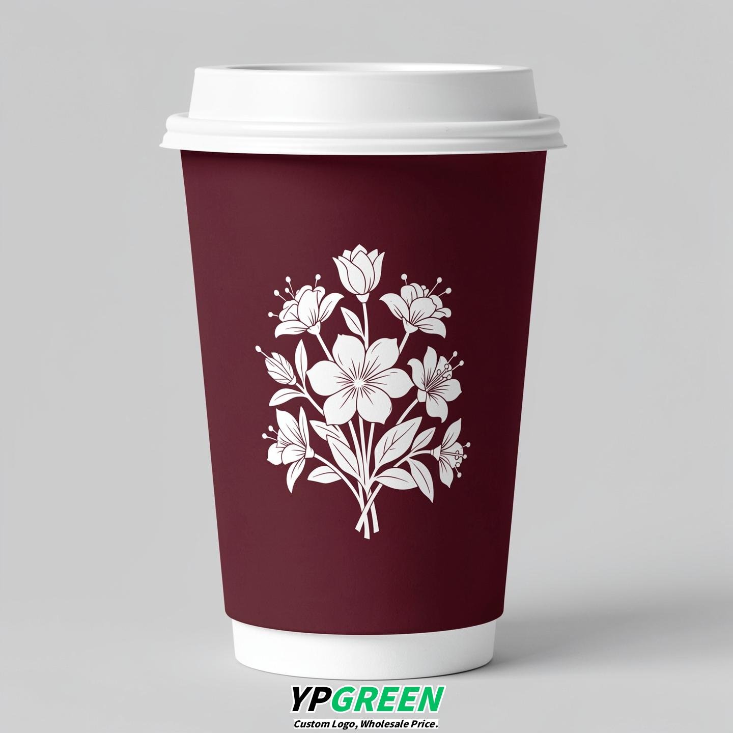 Maroon Floral Paper Cups with Lids 8-24oz