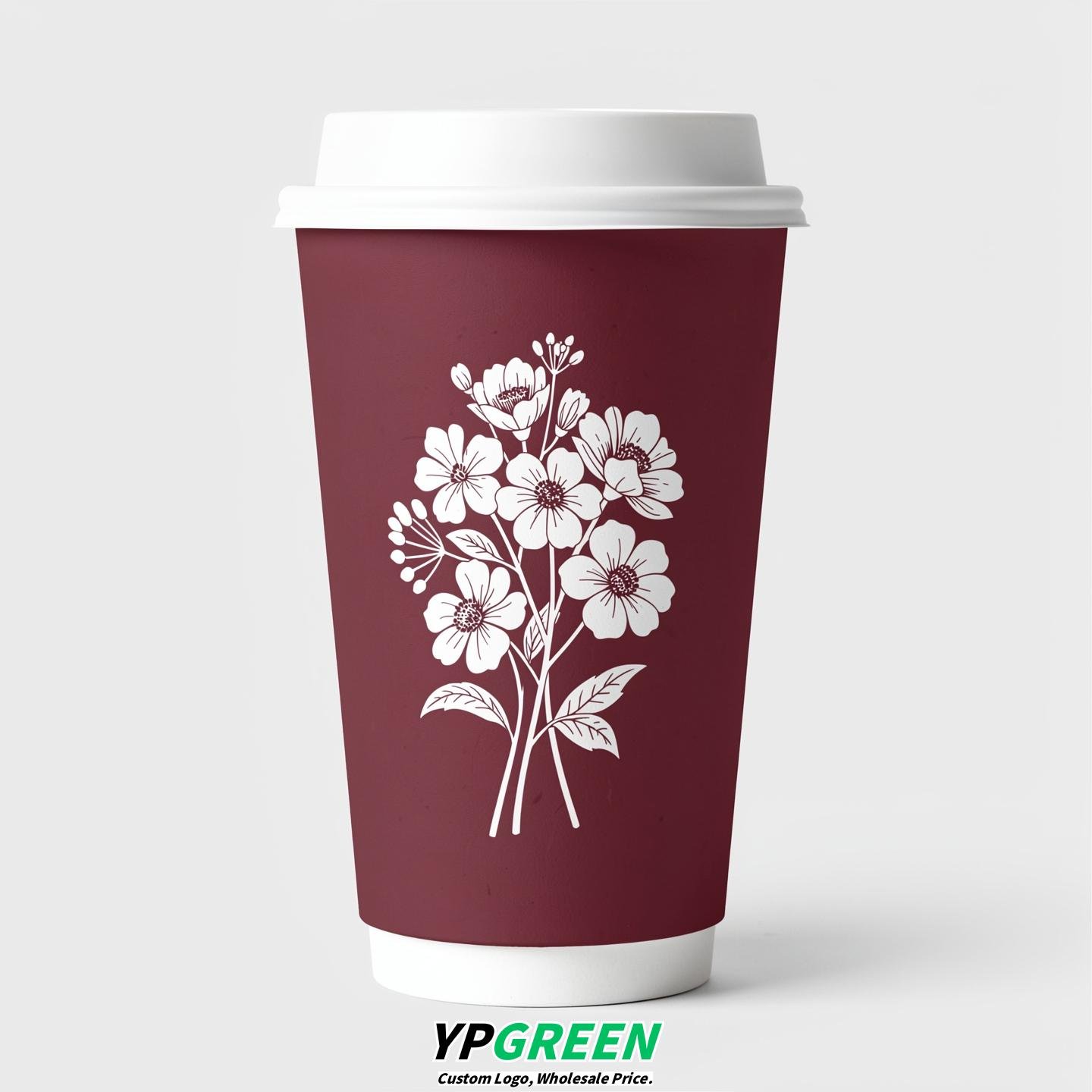 Maroon Floral Paper Cups with Lids 8-24oz