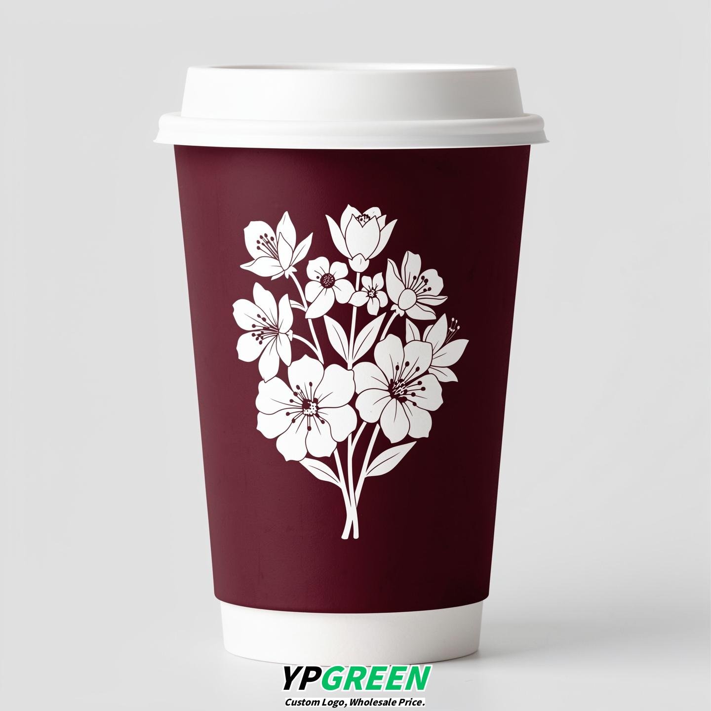 Maroon Floral Paper Cups with Lids 8-24oz