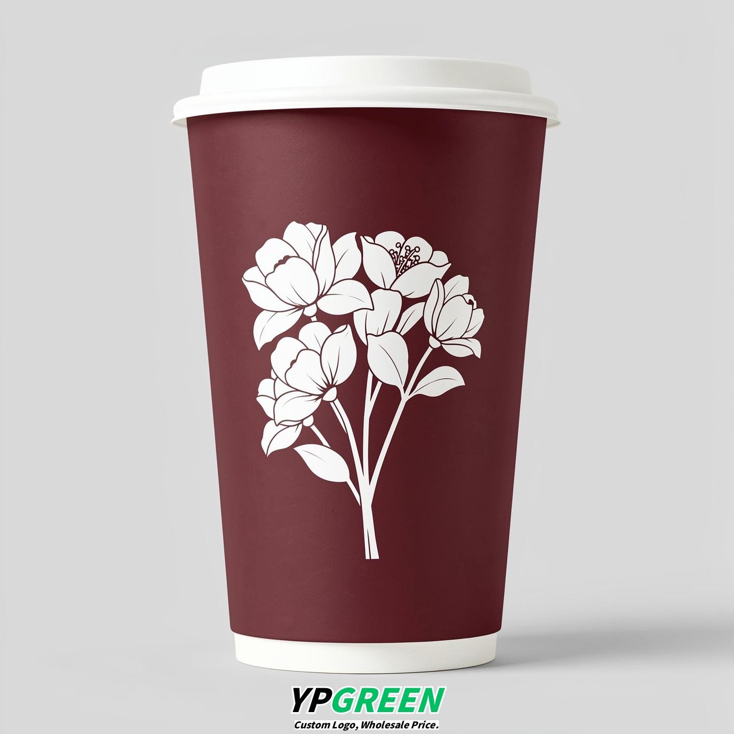 Maroon Floral Paper Cups with Lids 8-24oz