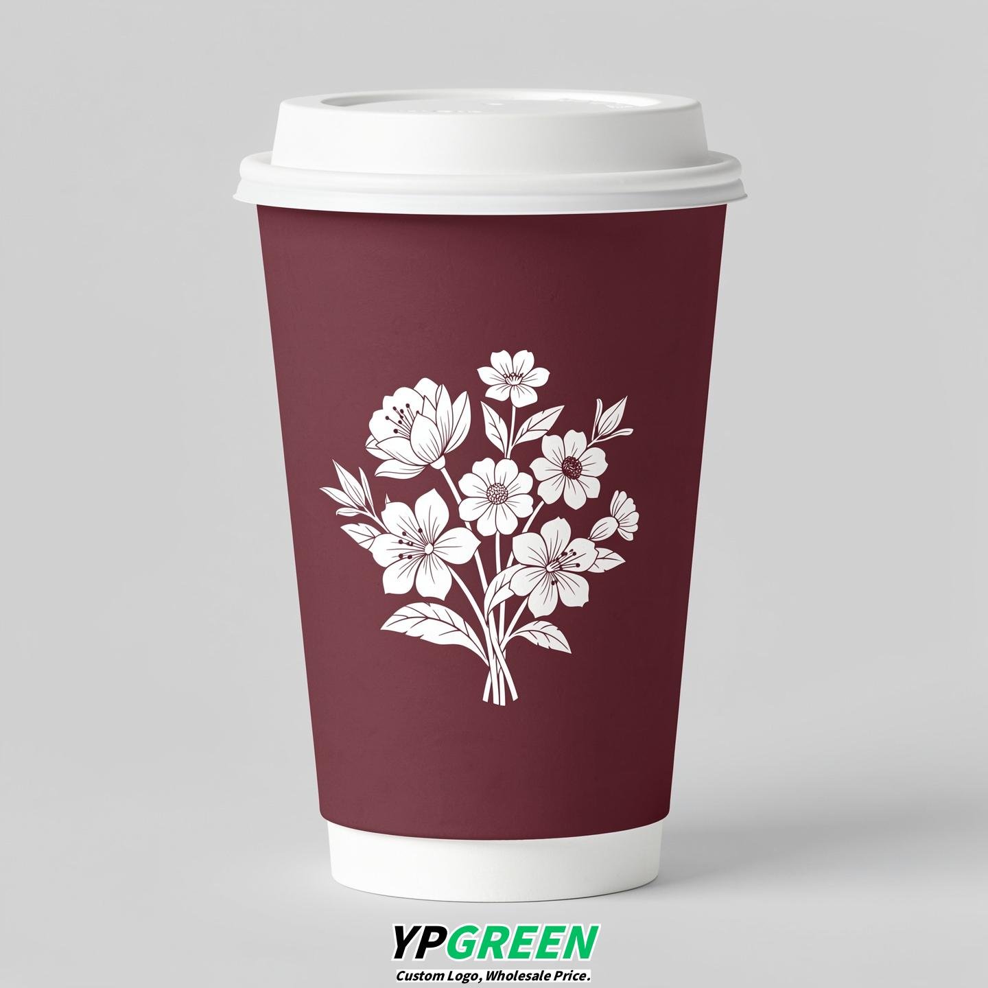 Maroon Floral Paper Cups with Lids 8-24oz