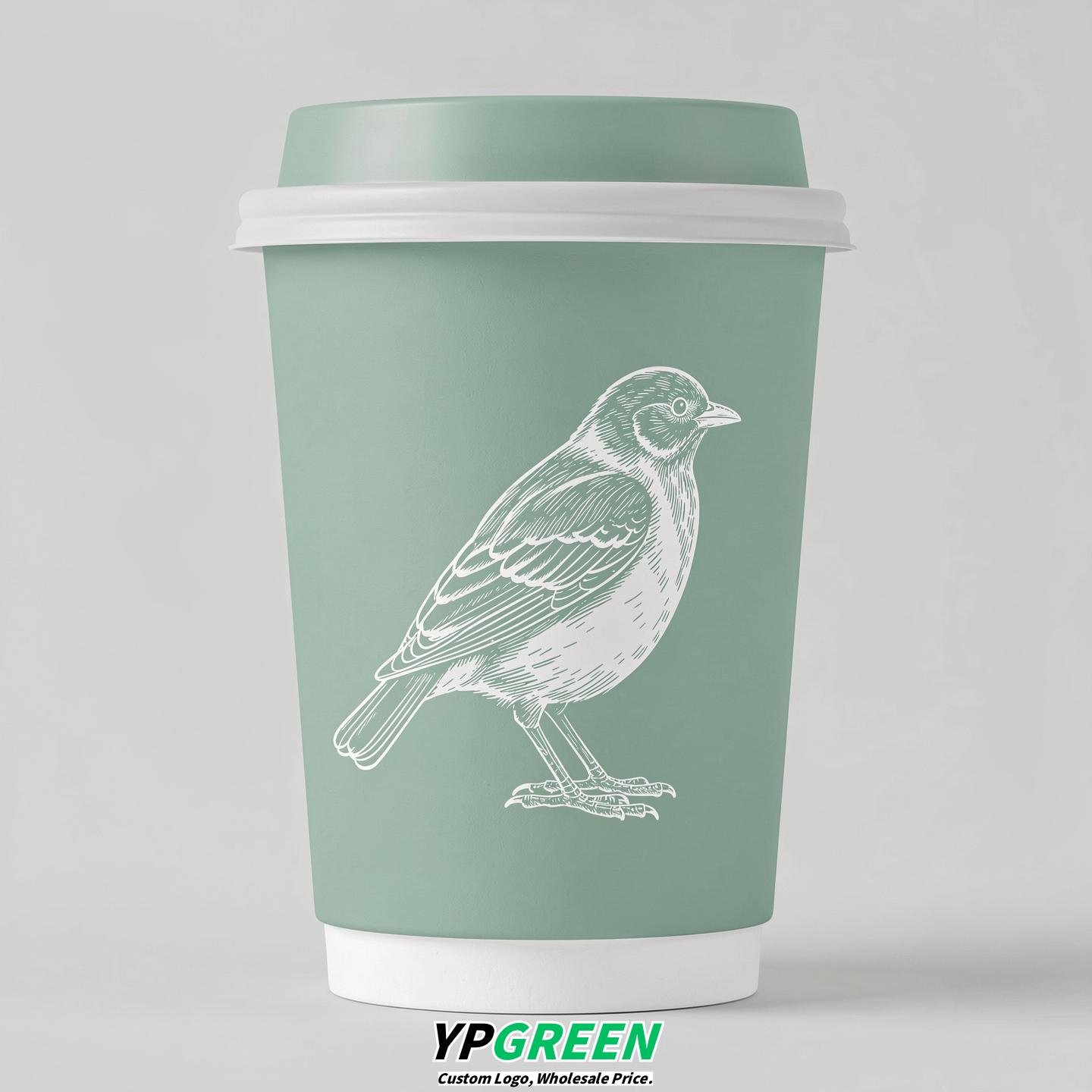 Mint Green Paper Cups with Bird Logo & Lids 8-24oz