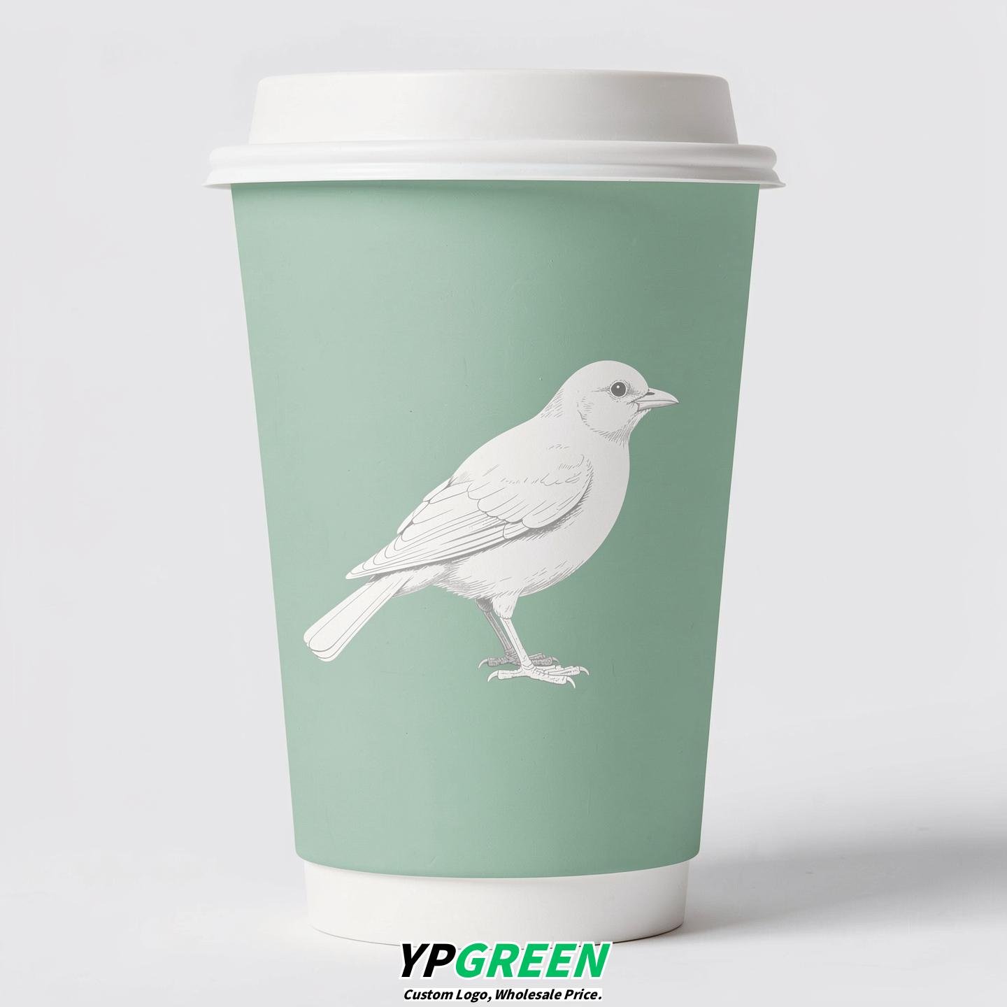 Mint Green Paper Cups with Bird Logo & Lids 8-24oz