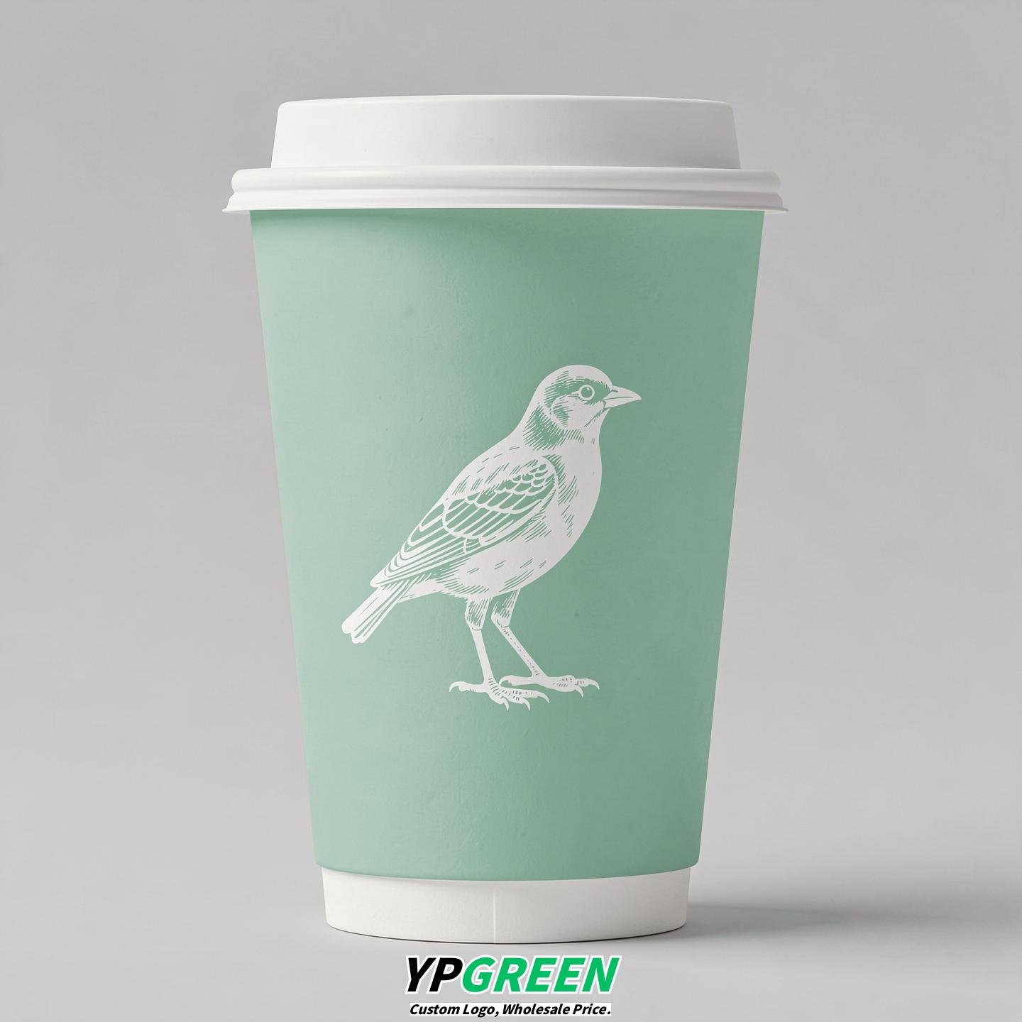 Mint Green Paper Cups with Bird Logo & Lids 8-24oz