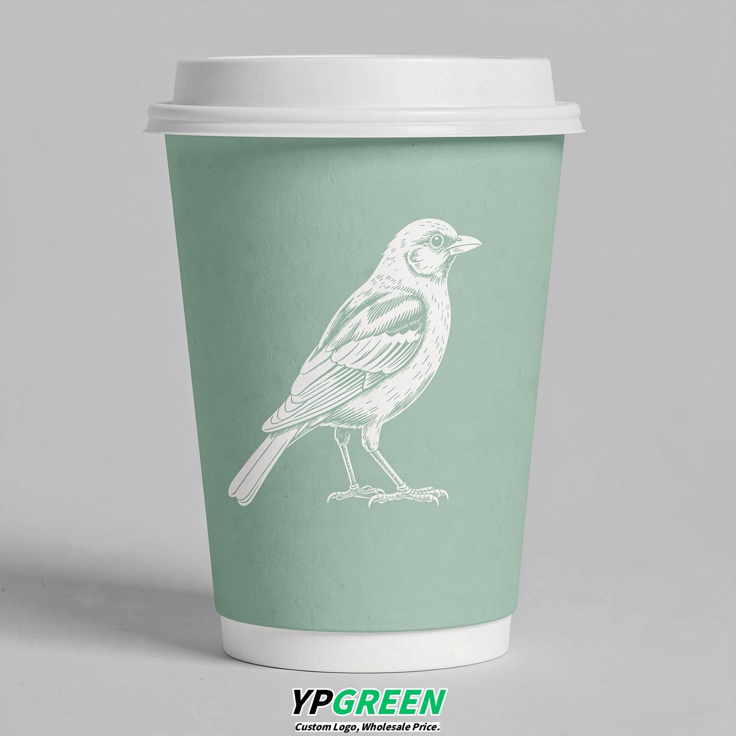 Mint Green Paper Cups with Bird Logo & Lids 8-24oz