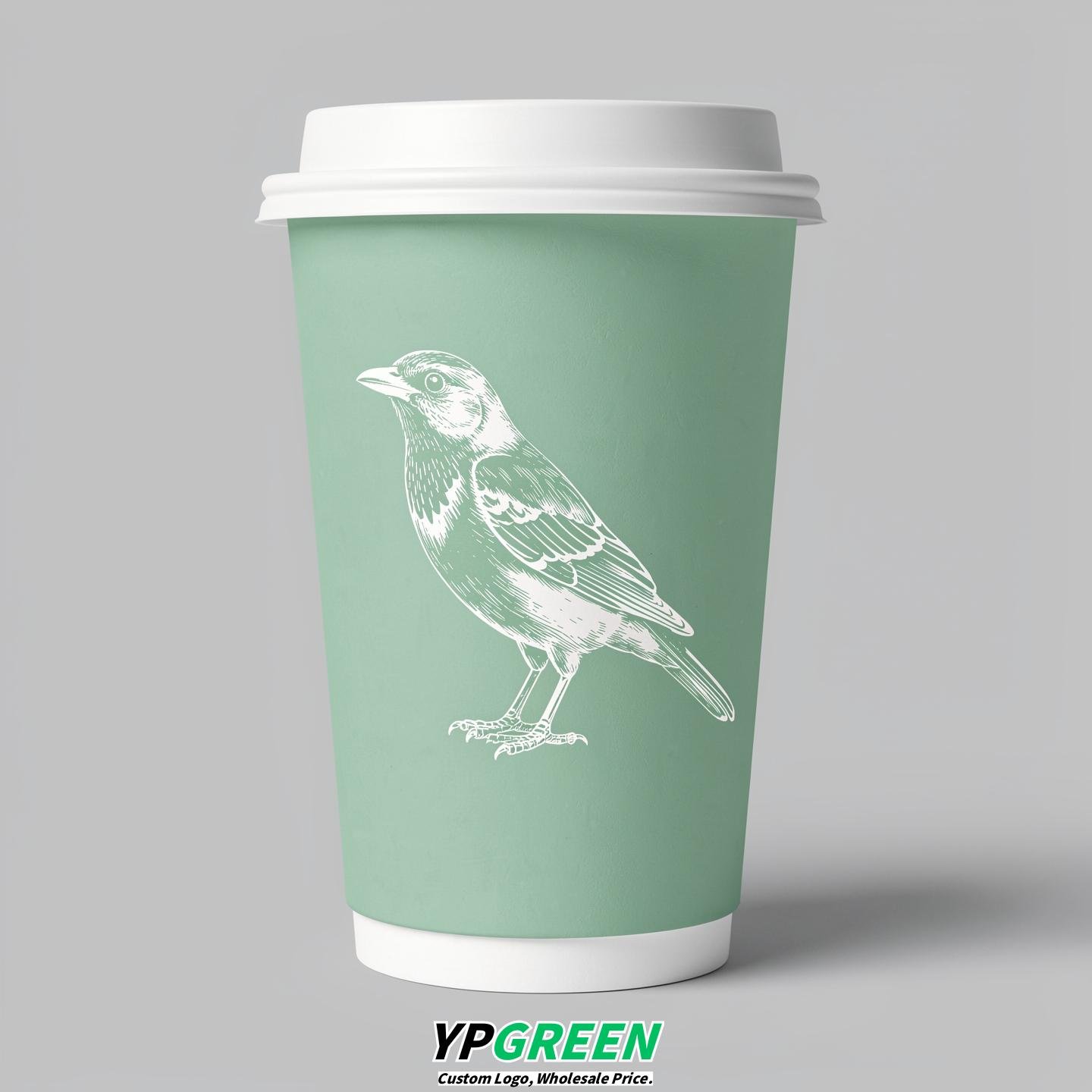 Mint Green Paper Cups with Bird Logo & Lids 8-24oz