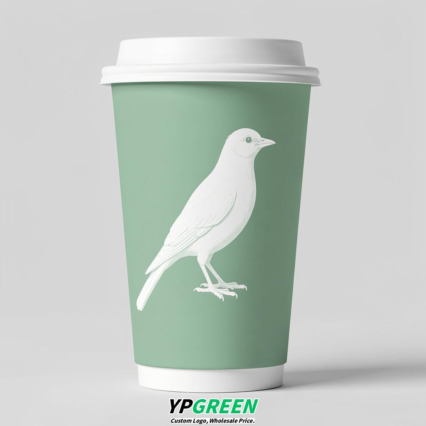 Mint Green Paper Cups with Bird Logo & Lids 8-24oz