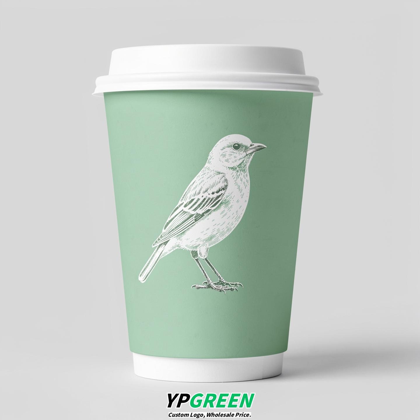 Mint Green Paper Cups with Bird Logo & Lids 8-24oz