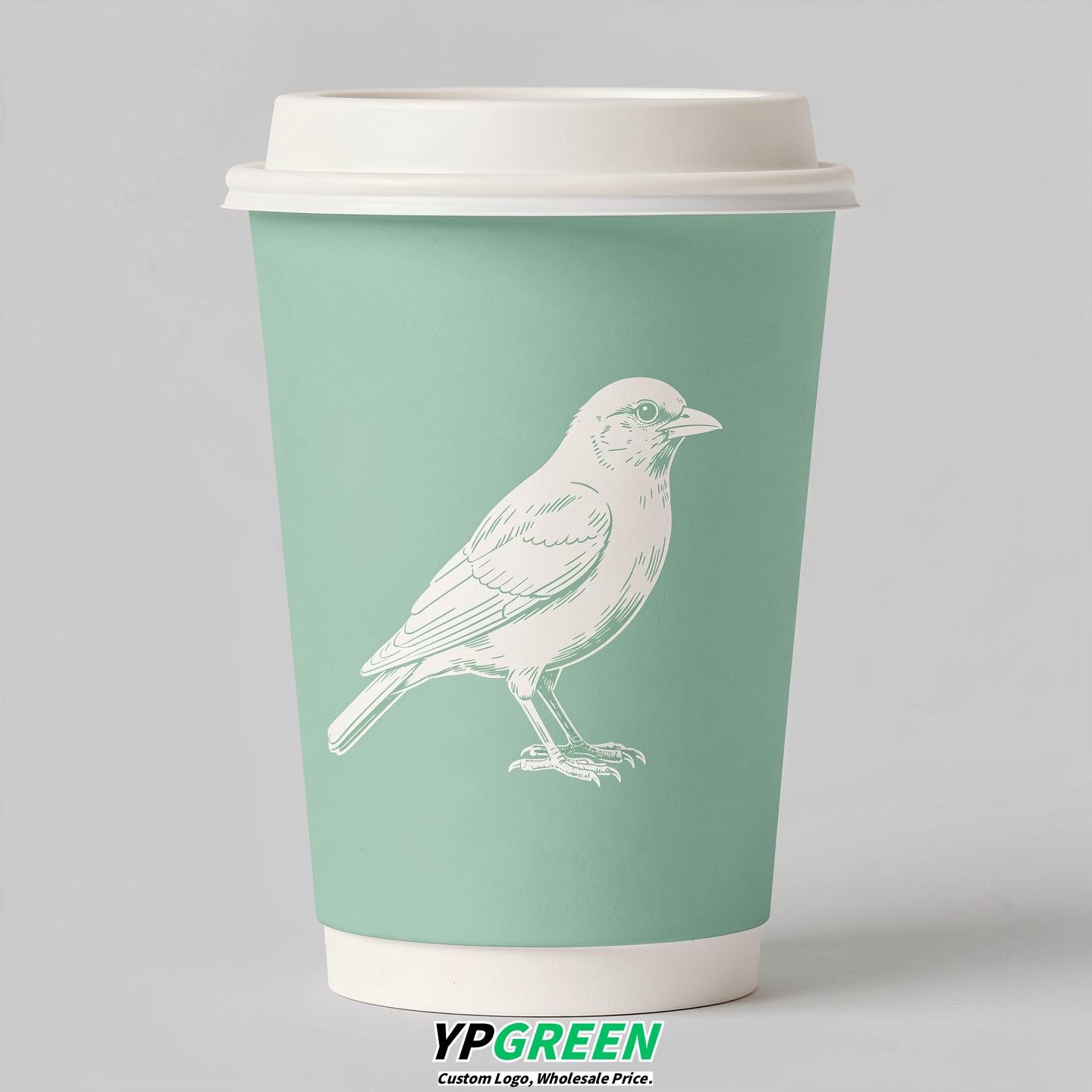 Mint Green Paper Cups with Bird Logo & Lids 8-24oz