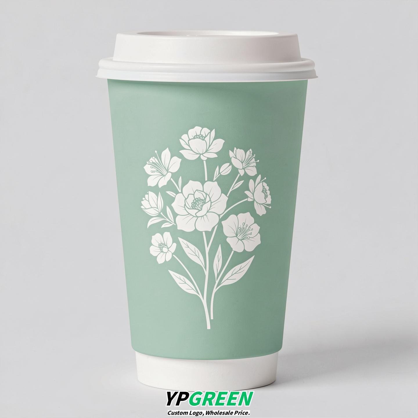 Mint Green Floral Paper Cups with Lids 8-24oz