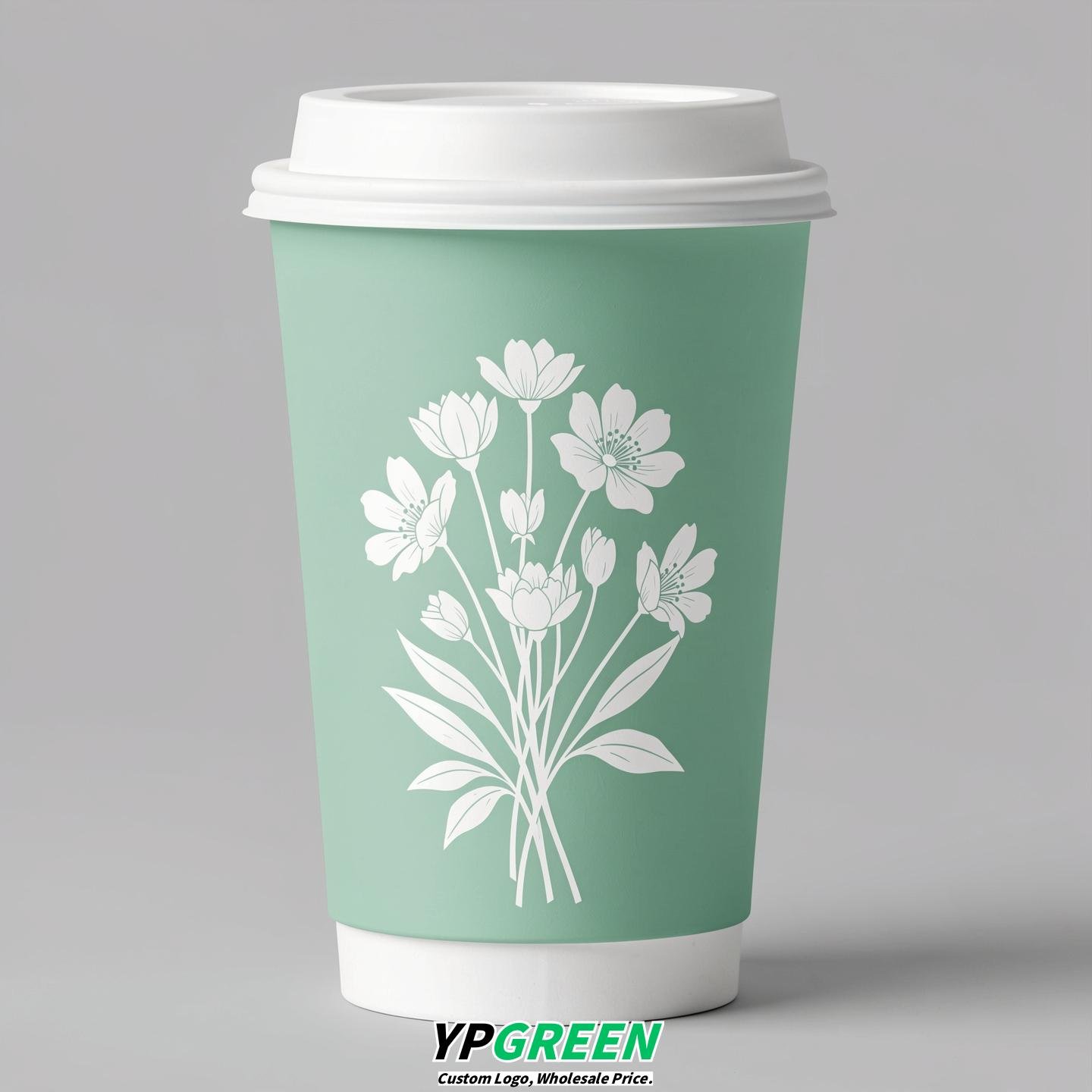 Mint Green Floral Paper Cups with Lids 8-24oz