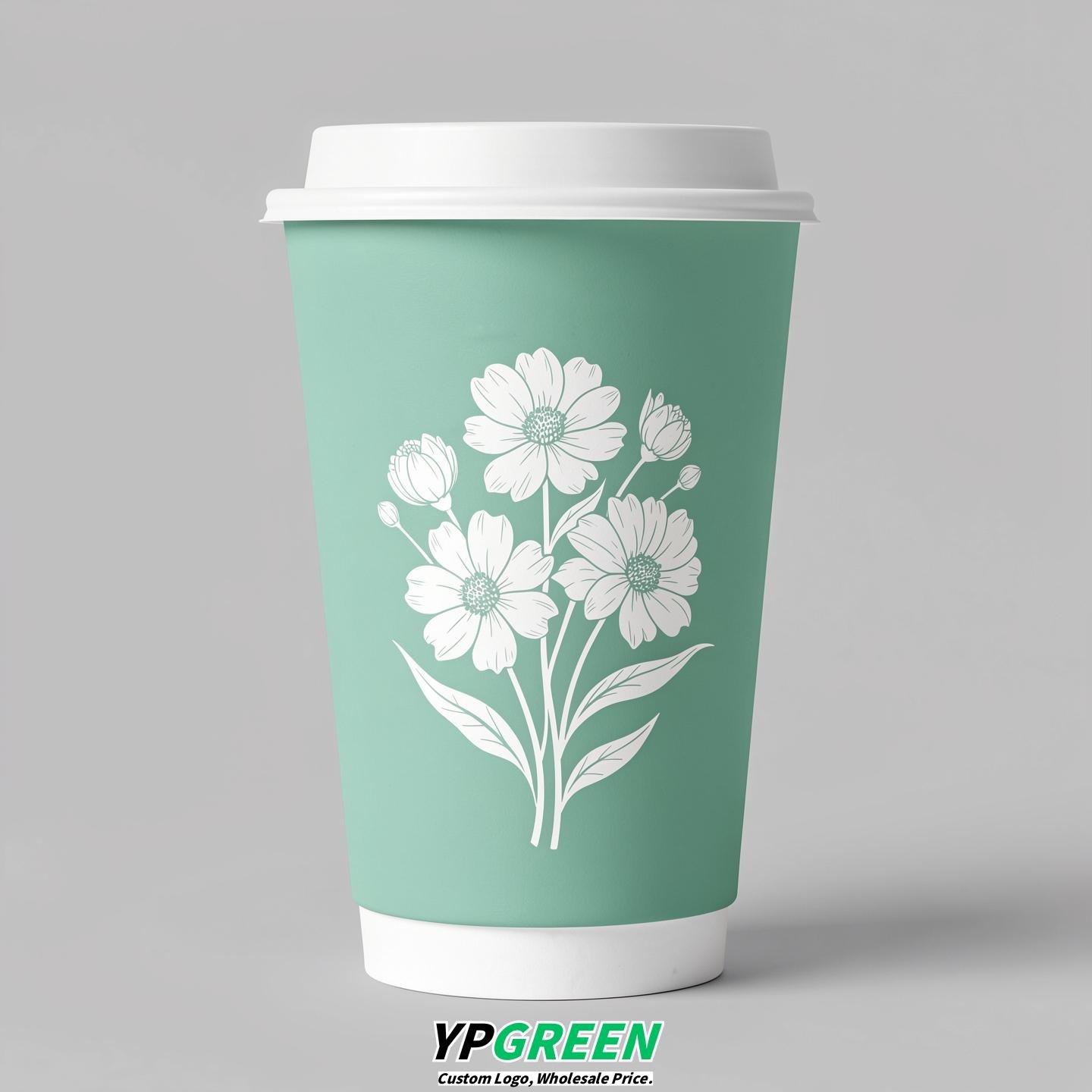 Mint Green Floral Paper Cups with Lids 8-24oz