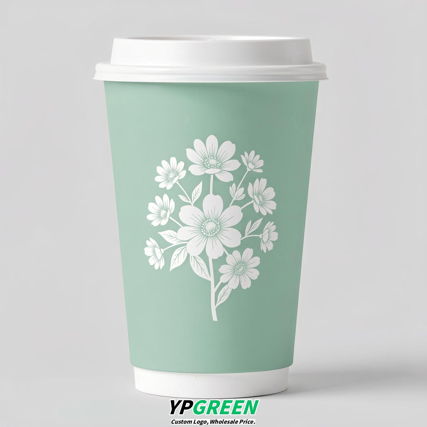 Mint Green Floral Paper Cups with Lids 8-24oz
