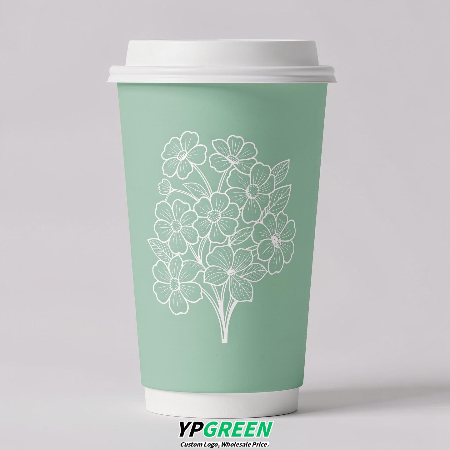 Mint Green Floral Paper Cups with Lids 8-24oz