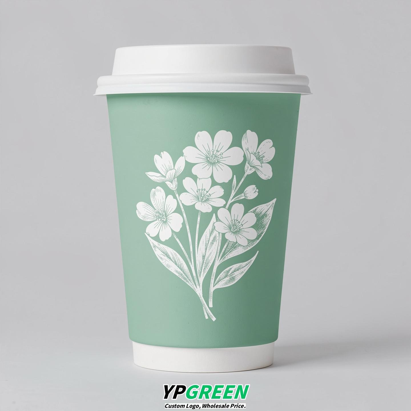 Mint Green Floral Paper Cups with Lids 8-24oz