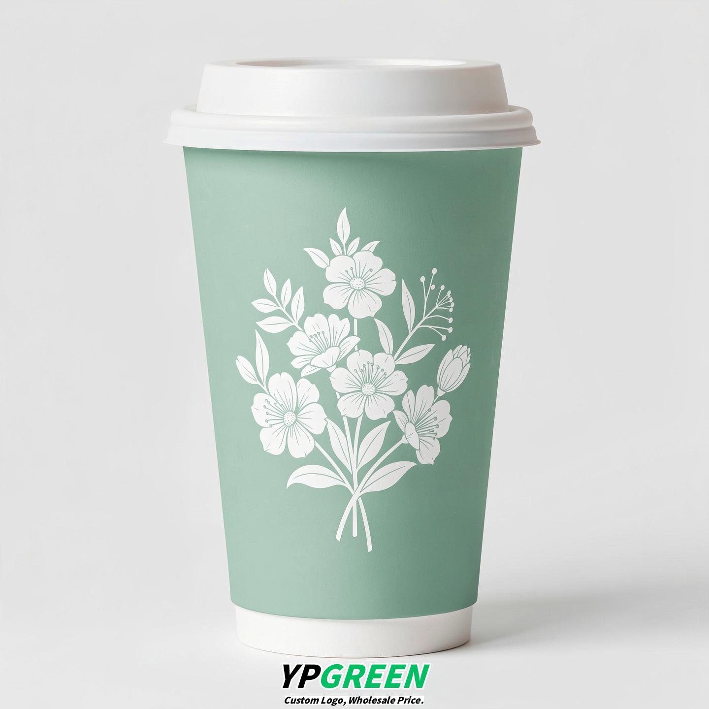 Mint Green Floral Paper Cups with Lids 8-24oz