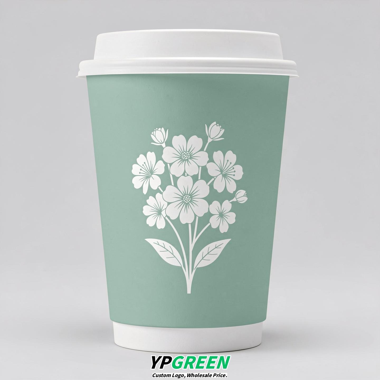 Mint Green Floral Paper Cups with Lids 8-24oz