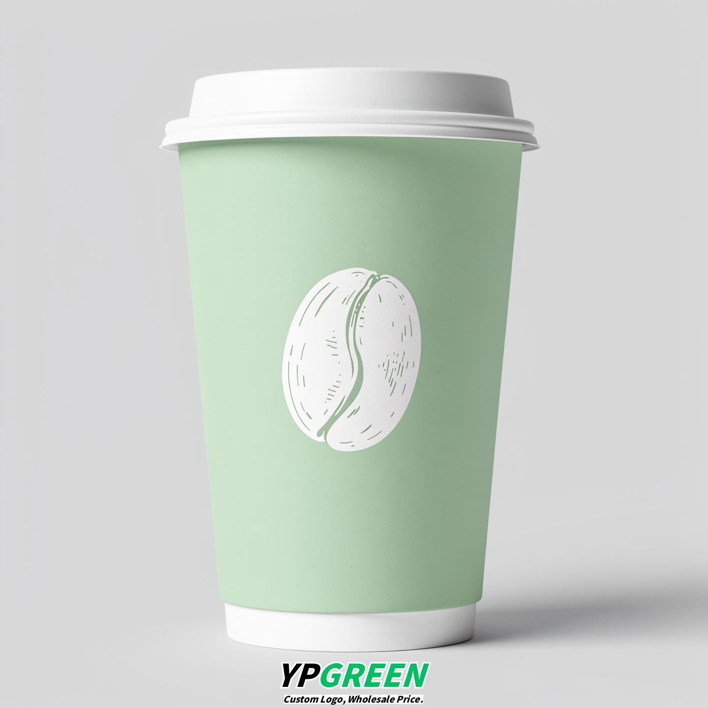 Mint Green Paper Cups with Coffee Bean Logo & Lids 8-24oz