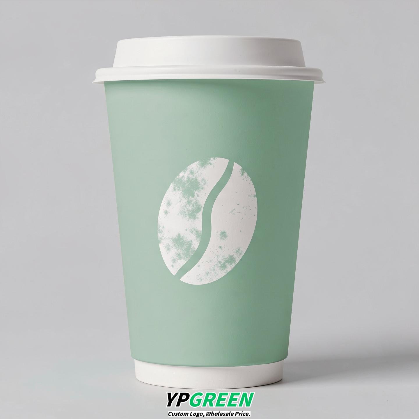 Mint Green Paper Cups with Coffee Bean Logo & Lids 8-24oz