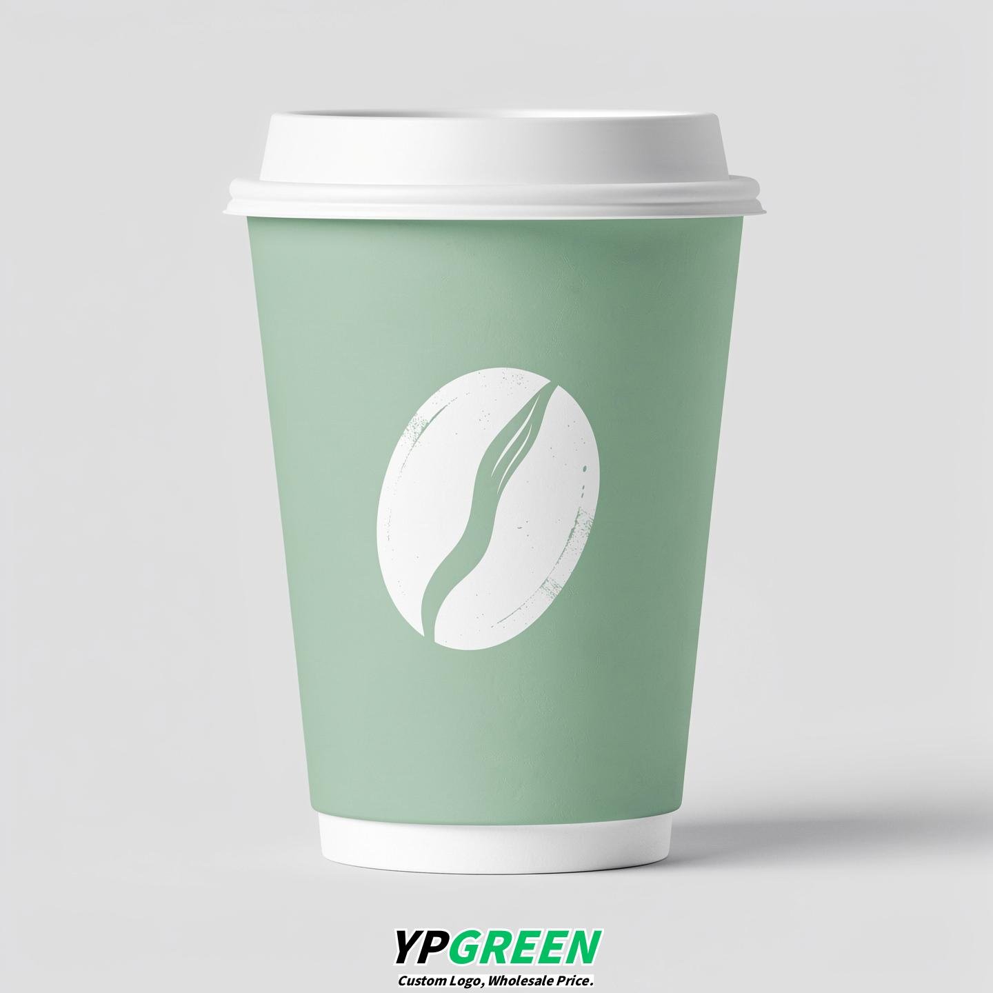 Mint Green Paper Cups with Coffee Bean Logo & Lids 8-24oz