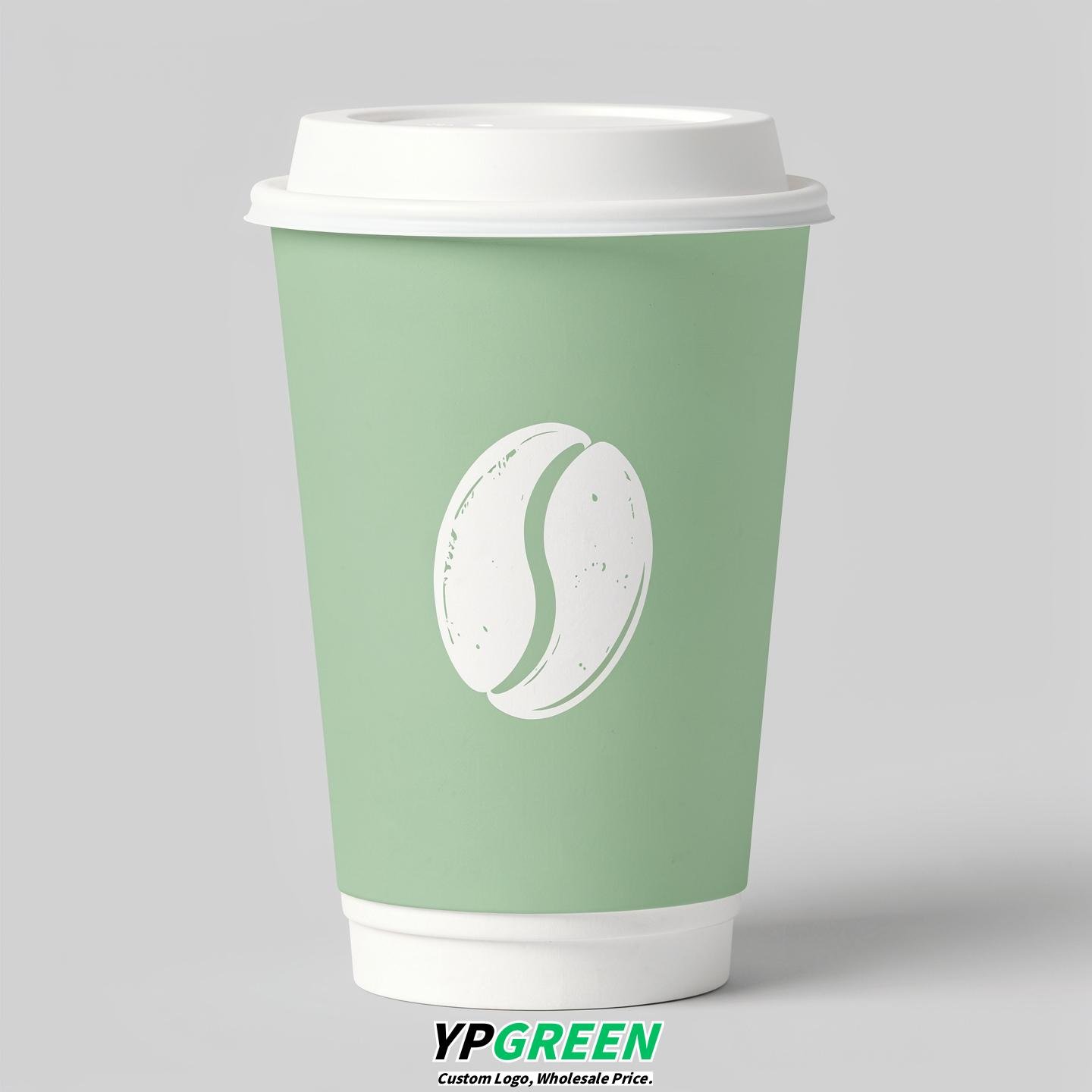 Mint Green Paper Cups with Coffee Bean Logo & Lids 8-24oz