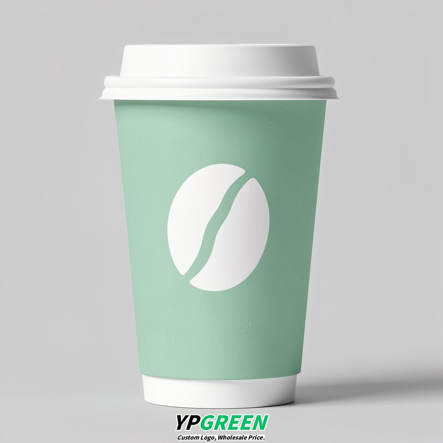 Mint Green Paper Cups with Coffee Bean Logo & Lids 8-24oz